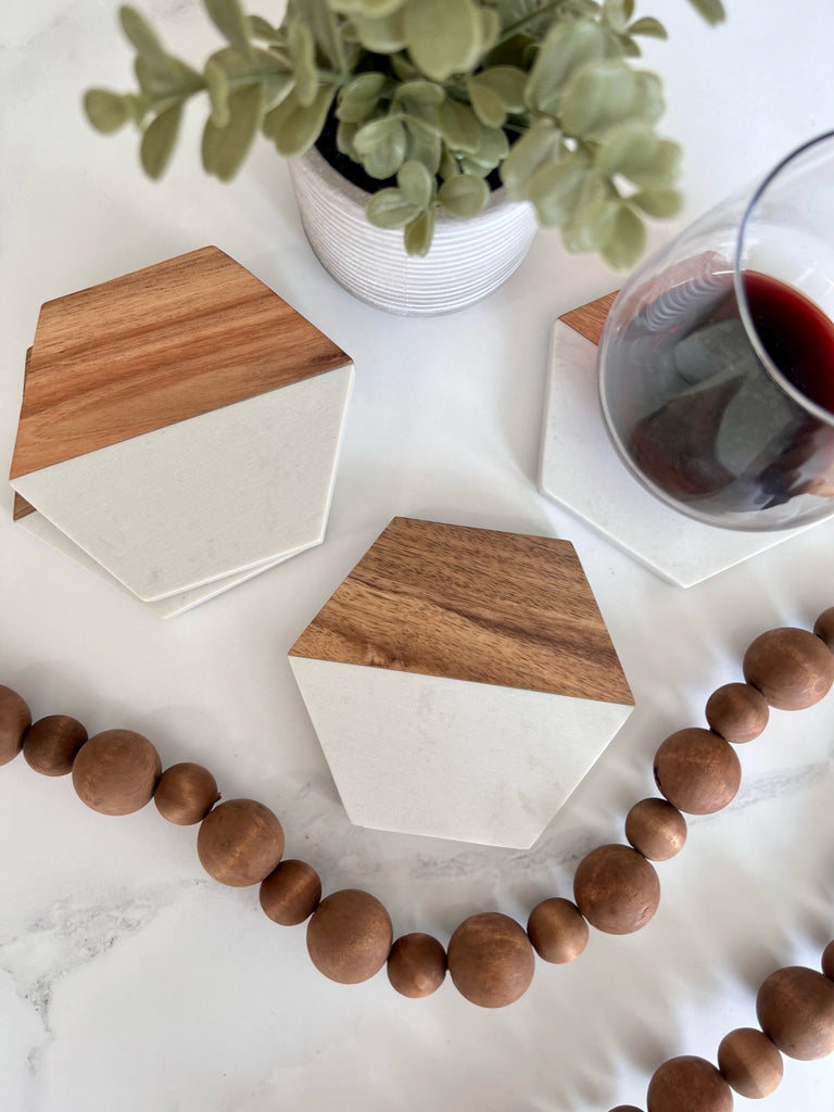 Personalized Hexagon Marble & Wood Coaster Set - 4.5”x4”