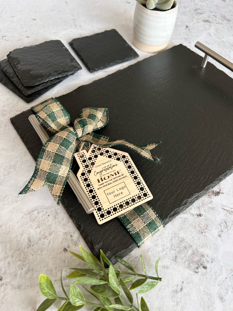 Slate Serving Tray & (4) Coaster Set + Bow & Engraved Thank You Tag