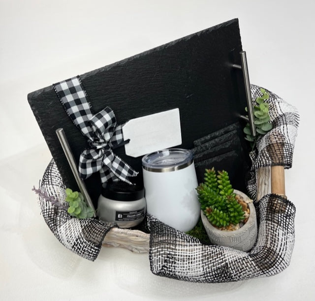 Slate Serving Tray & (4) Coaster Set + Insulated Tumbler in a Beautiful Basket