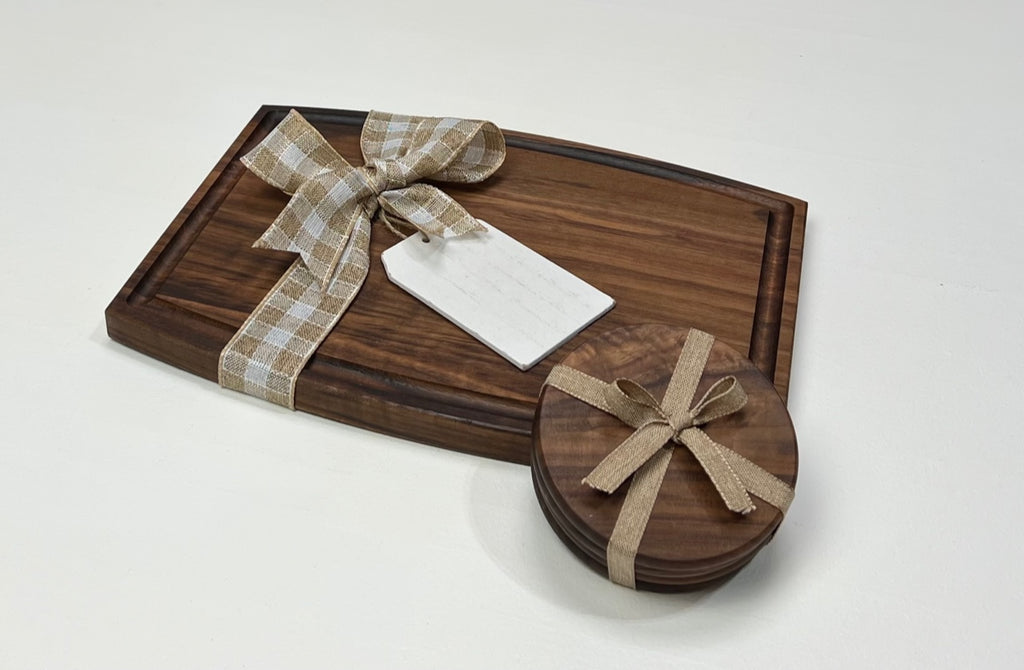 Walnut Cutting Board & (4) Coaster Set + Ribbon and Engraved Thank You Tag