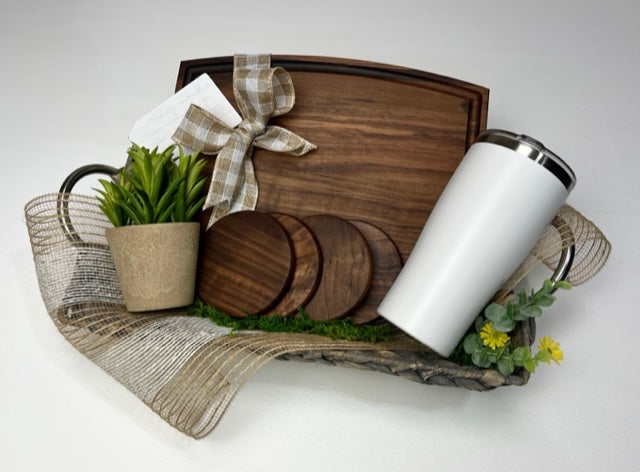 Walnut Cutting Board & (4) Coaster Set + Insulated Tumbler in a Beautiful Basket