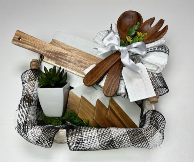 Marble & Acacia Charcuterie Board & Coaster Set + Salad Servers in a Beautiful Basket