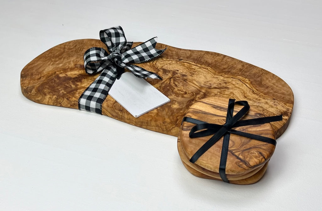 15.5" Olive Wood Charcuterie Board & Coaster Set + Ribbon and Thank You Tag